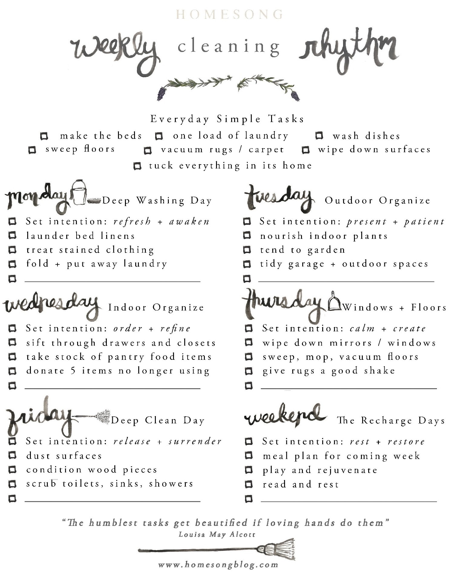 Weekly Cleaning Rhythm Printable » Homesong